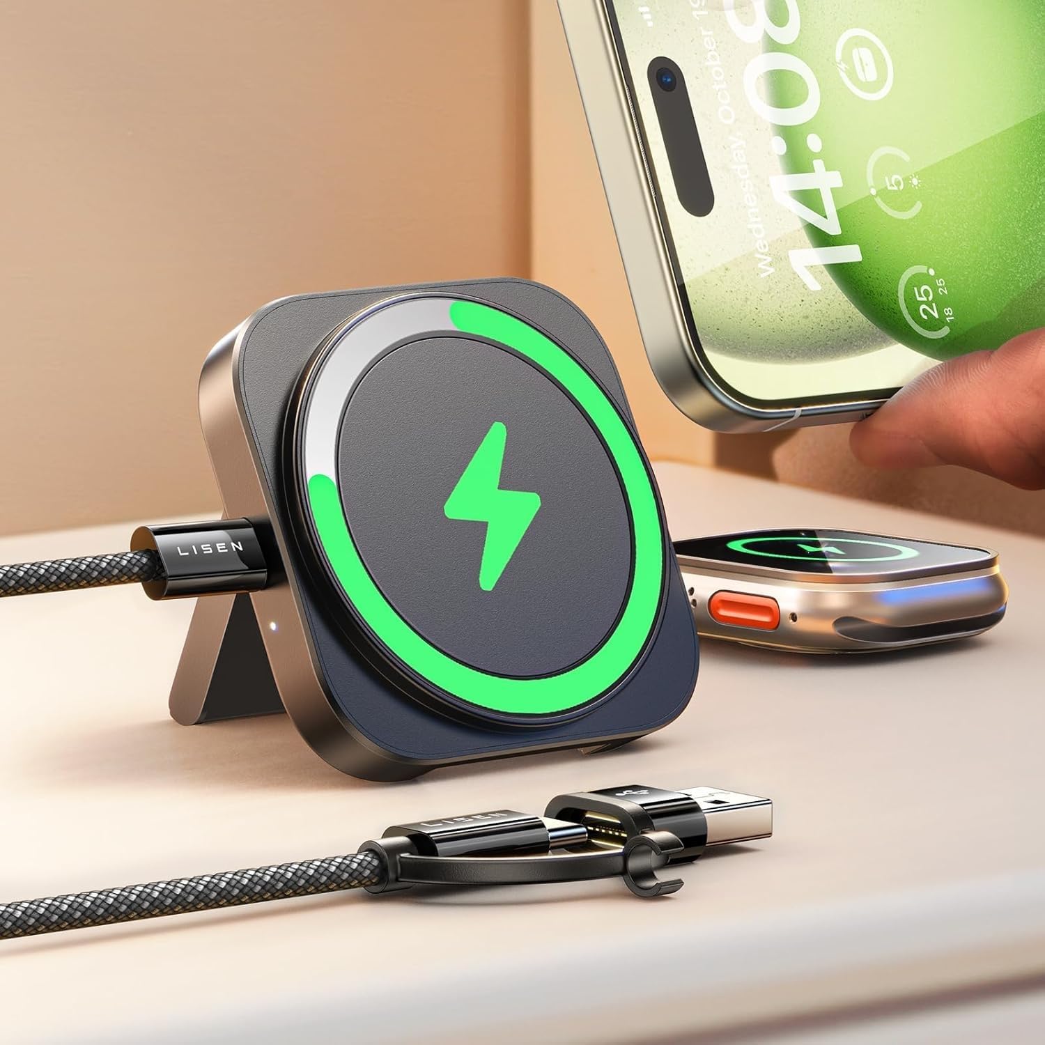 3-in-1 Foldable MagSafe Charging Station for iPhone, Apple Watch, and AirPods - Ideal for Travel and Portability.
