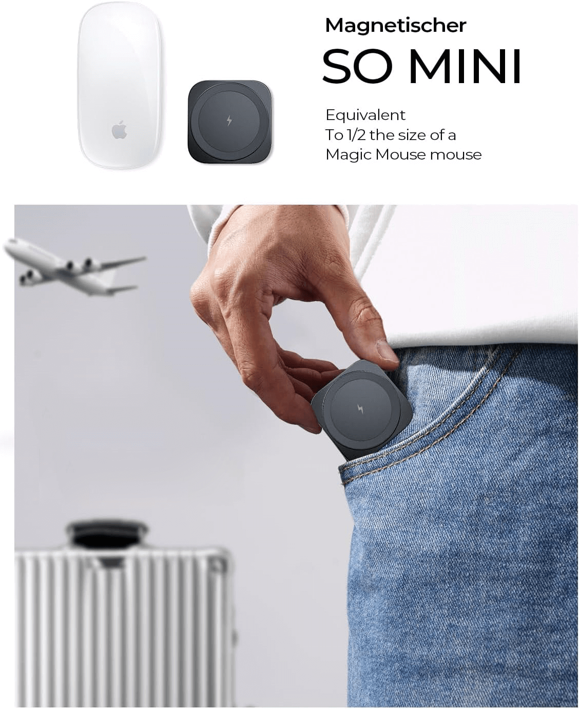Compact wireless charger half the size of a Magic Mouse, easily fitting into a pocket, ideal for travel and convenience.