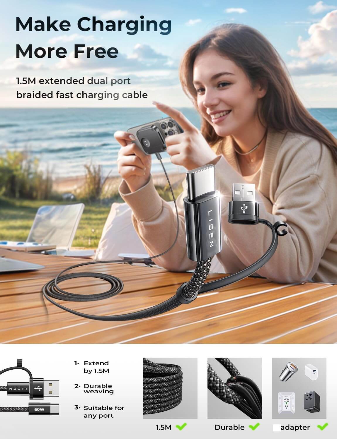 Woman using a 1.5M dual port braided charging cable to power a device, highlighting its extended length, durability, and adapter compatibility.