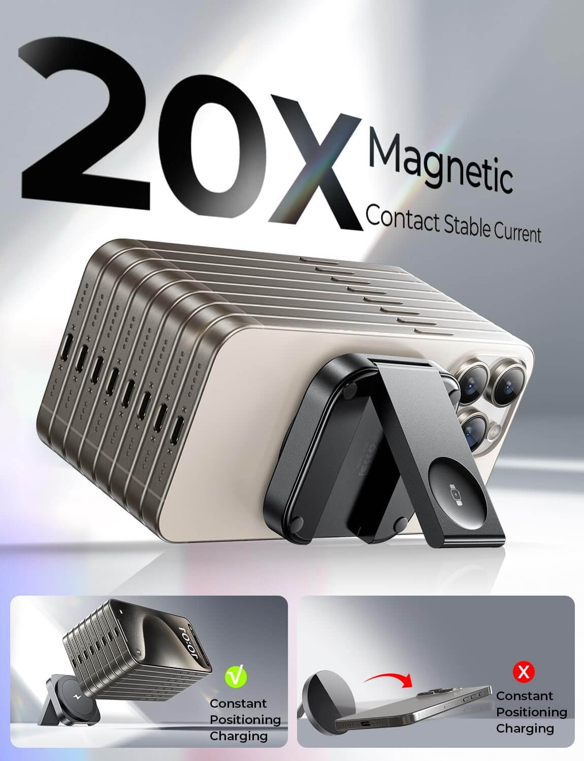 20X magnetic contact stable current charger with secure positioning for efficient and consistent device charging.